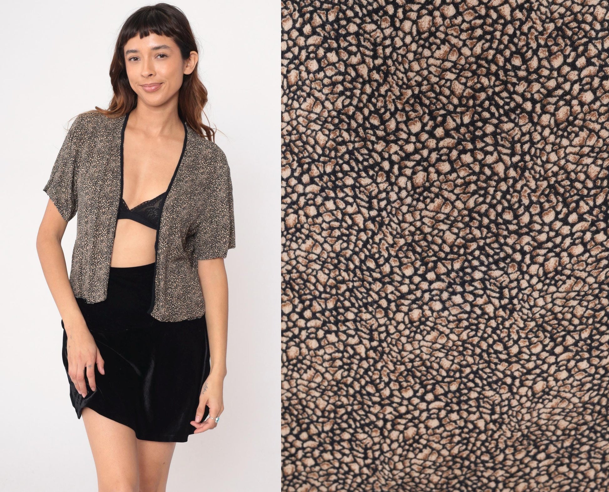 90s Leopard Print Cropped Cardigan Shrug Black Tan Open Front Medium