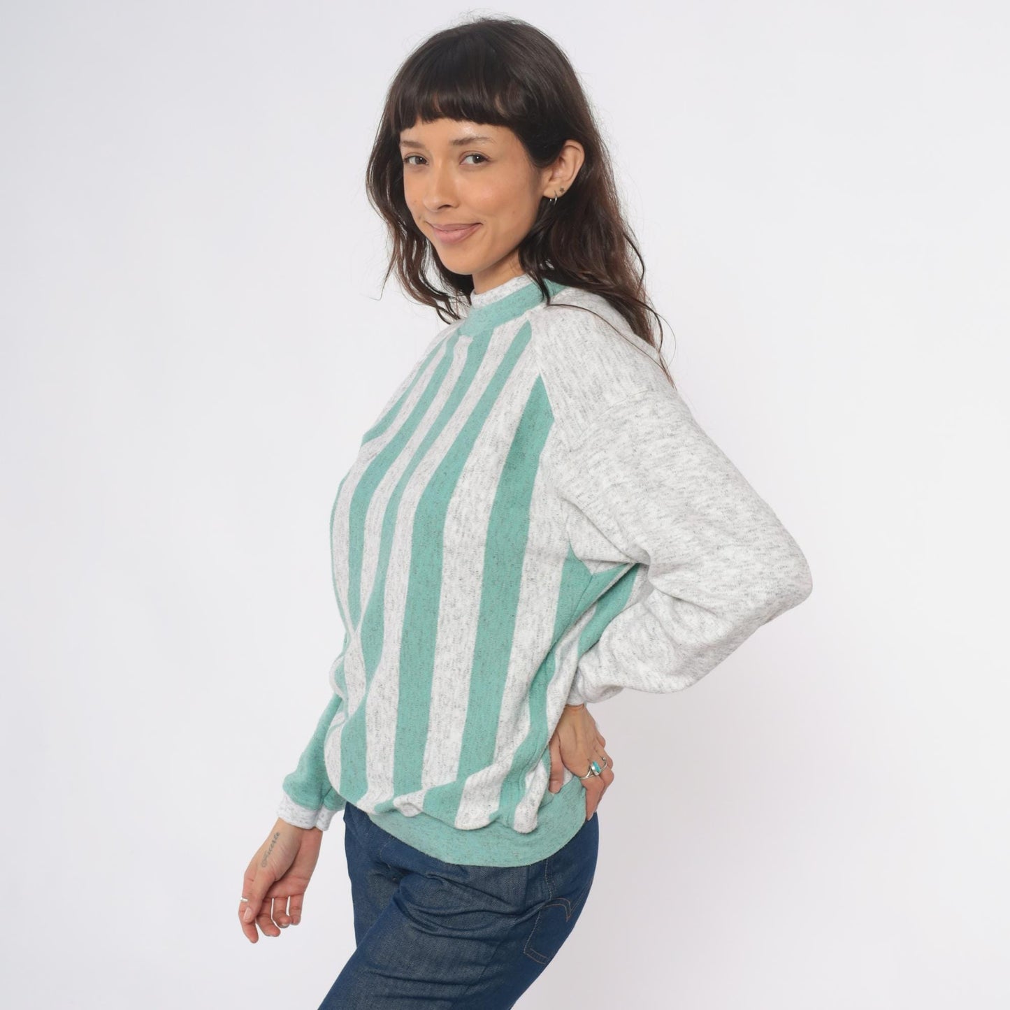90s Aileen Petites Striped Mock Neck Sweatshirt Teal Grey Medium