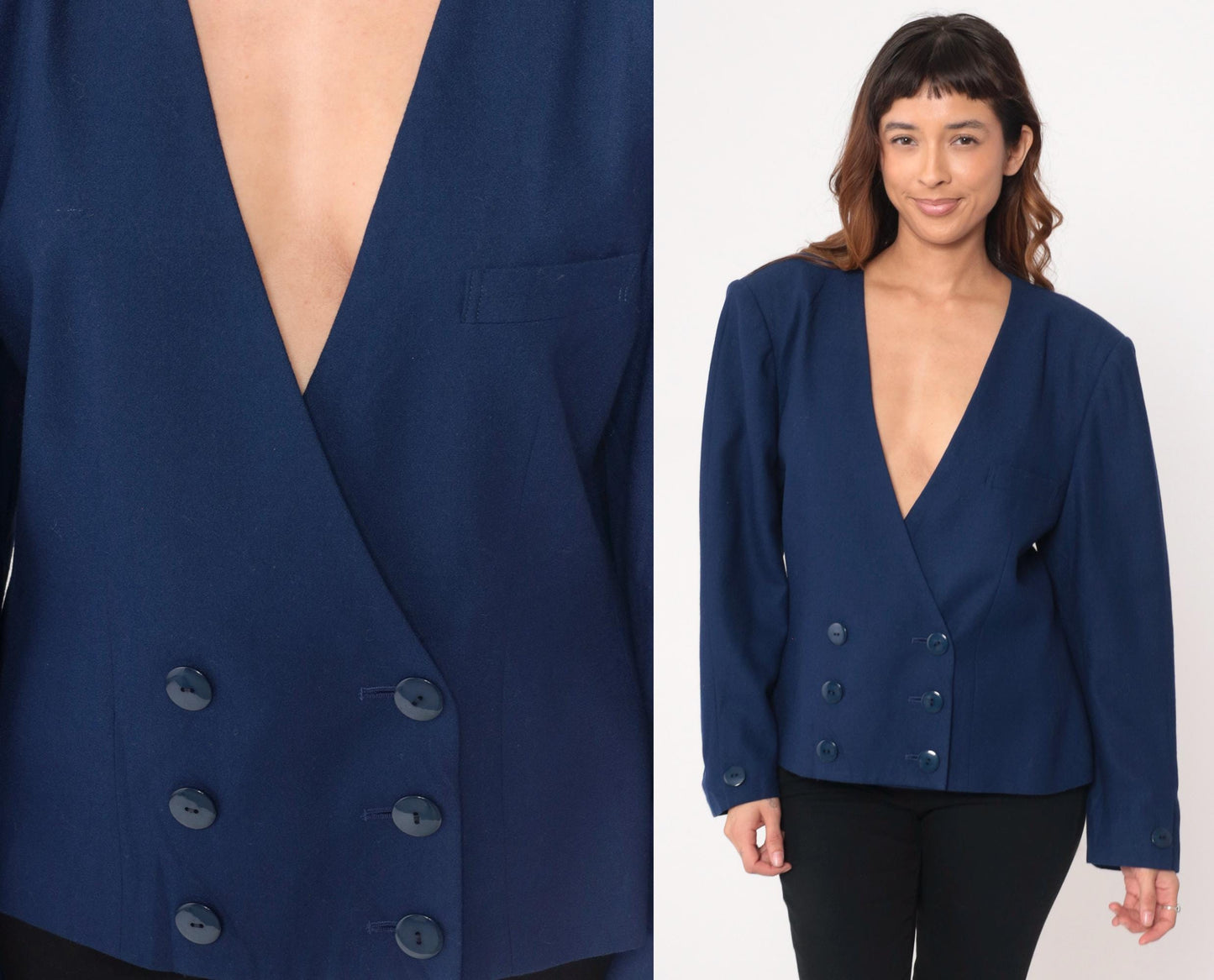 80s Saks Fifth Avenue Navy Wool Blazer Double Breasted Cropped Jacket Large L