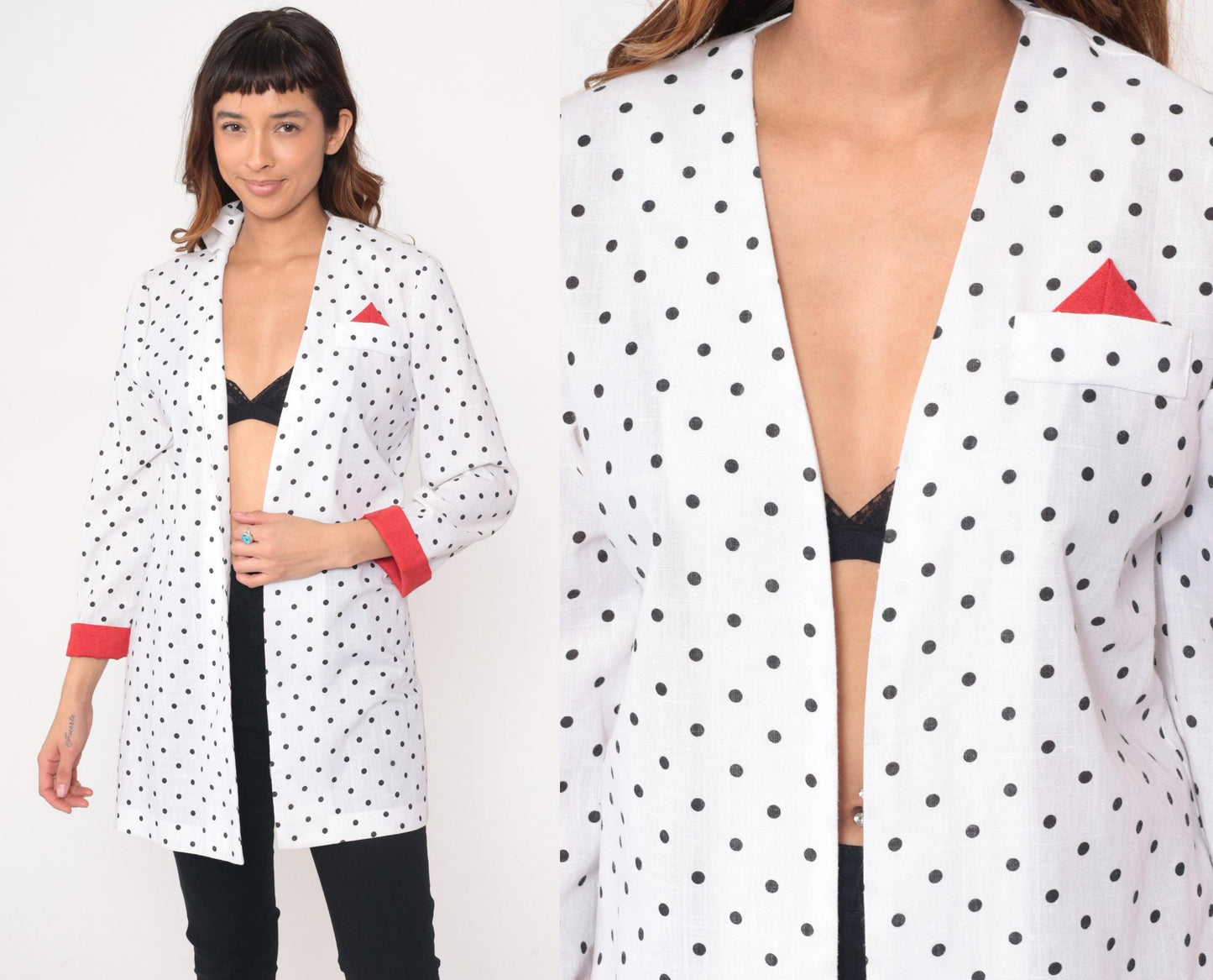 90s Just in Thyme Polka Dot Blazer White Black Red Cuffs Medium M