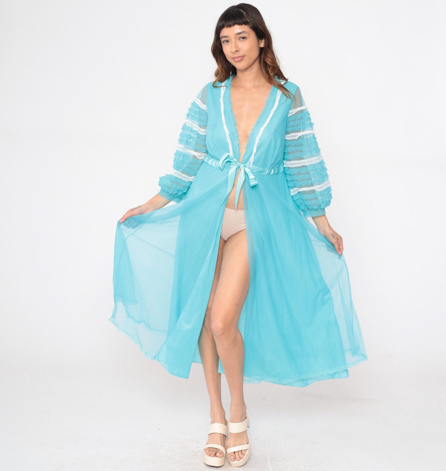 70s Aqua Blue Nylon Robe Sheer Ruffle Lace Trim V-Neck Maxi Medium