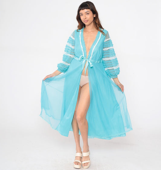 70s Aqua Blue Nylon Robe Sheer Ruffle Lace Trim V-Neck Maxi Medium