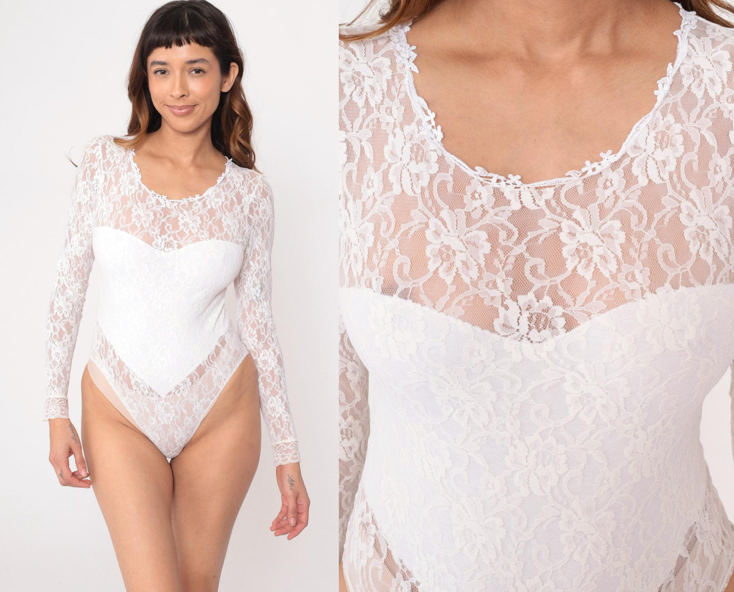 80s Hanky Panky White Lace Bodysuit Floral Scoop Neck Small S