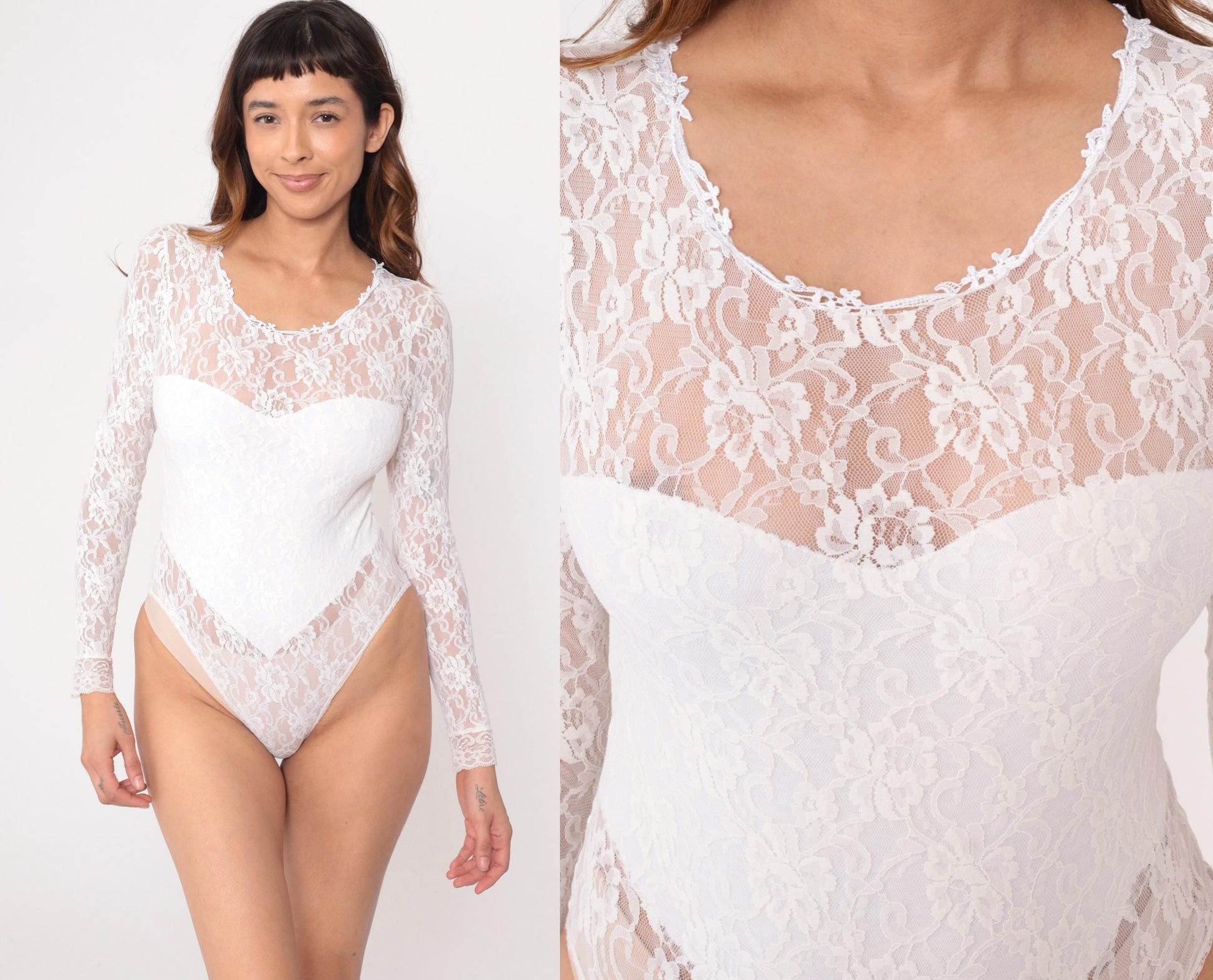 80s Hanky Panky White Lace Bodysuit Floral Scoop Neck Small S