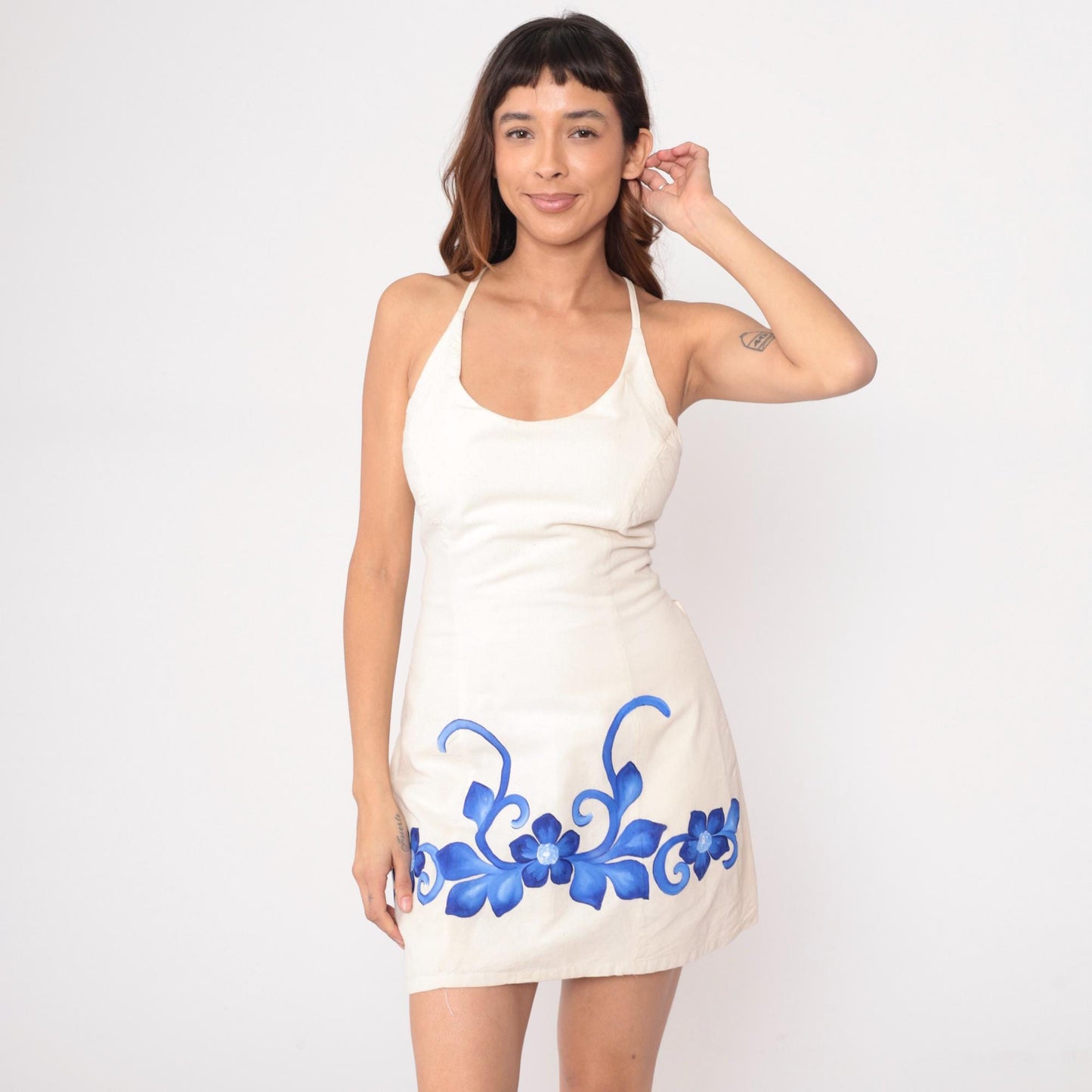 Y2K Nora Chavez White Mini Dress Blue Floral Halter Lace-Up Medium