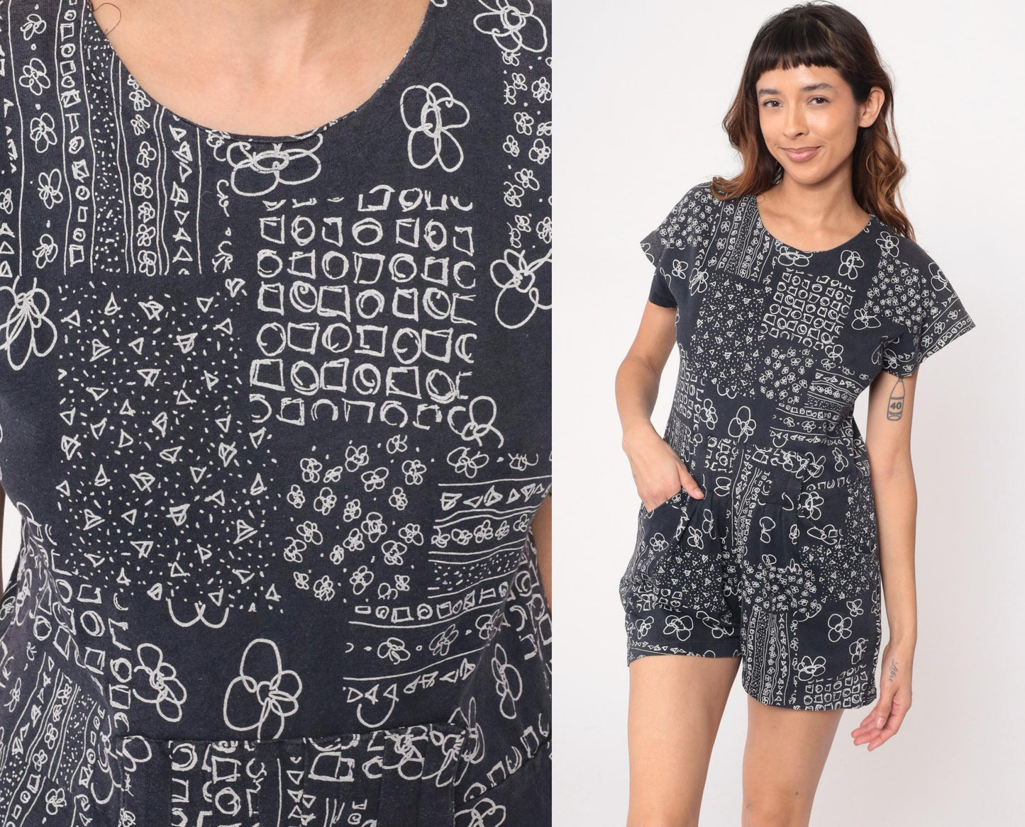 90s Black Bandana Floral Romper Cotton Scoop Neck Short Sleeve Playsuit Large