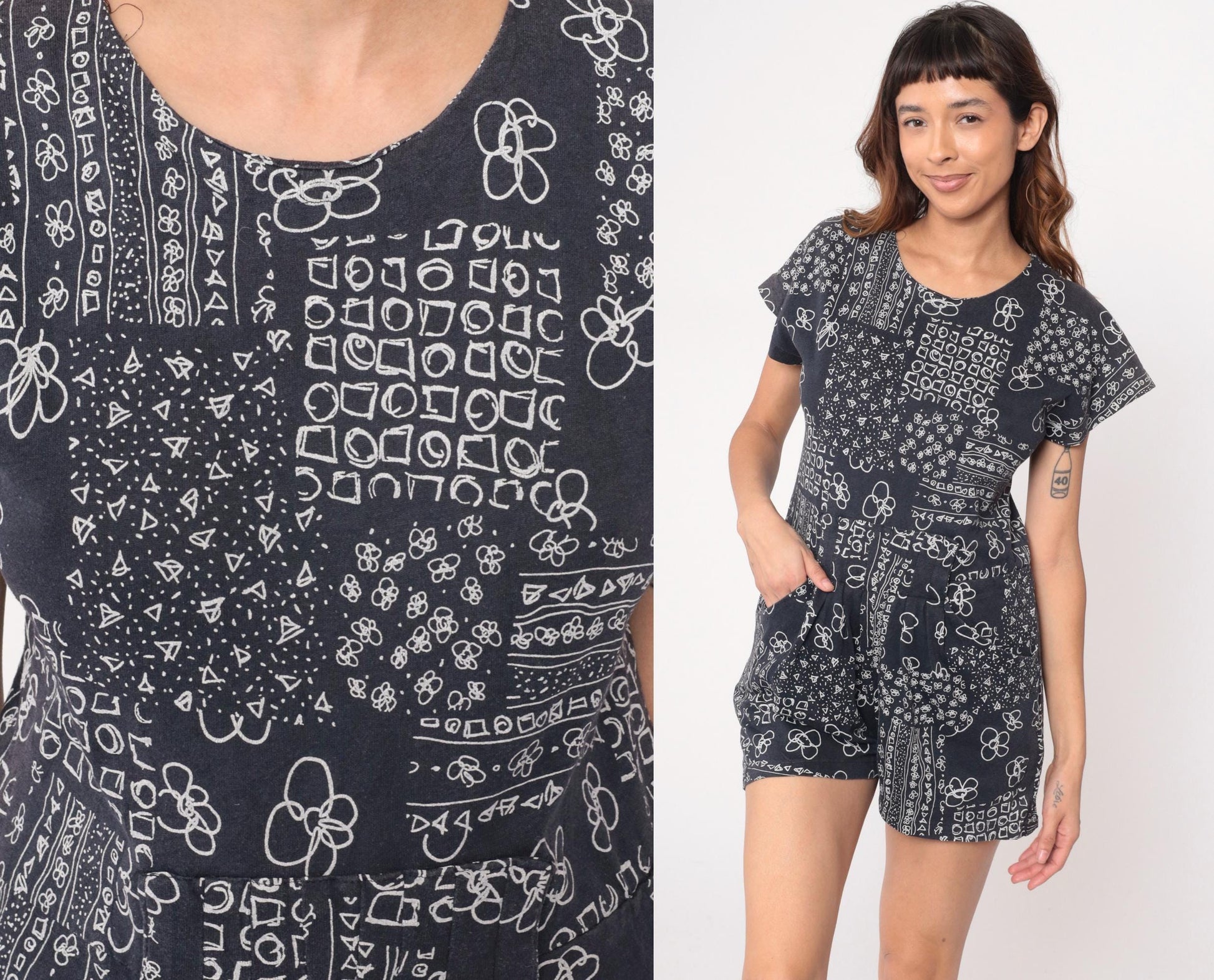 90s Black Bandana Floral Romper Cotton Scoop Neck Short Sleeve Playsuit Large