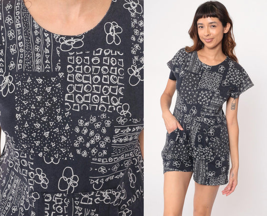 90s Black Bandana Floral Romper Cotton Scoop Neck Short Sleeve Playsuit Large