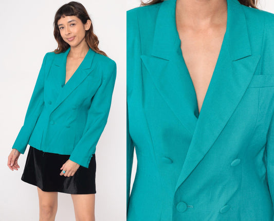 90s Gilmor Teal Double-Breasted Blazer Peaked Lapels Structured Medium