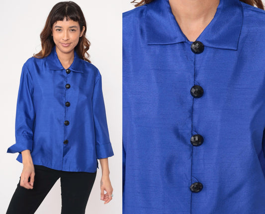 Y2K Royal Blue Button-Front Blouse Drapers Studio Collared Three-Quarter Sleeve Medium