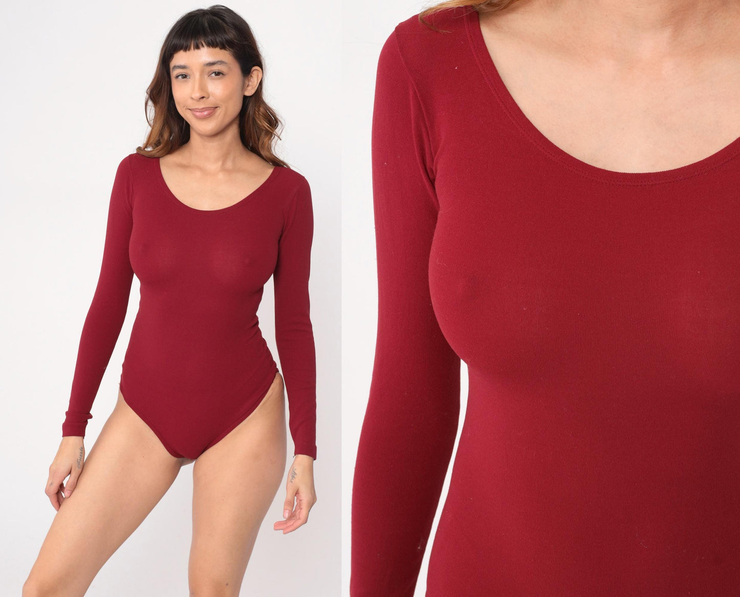 70s Burgundy Bodysuit Long Sleeve Scoop Neckline Snap Closure Small