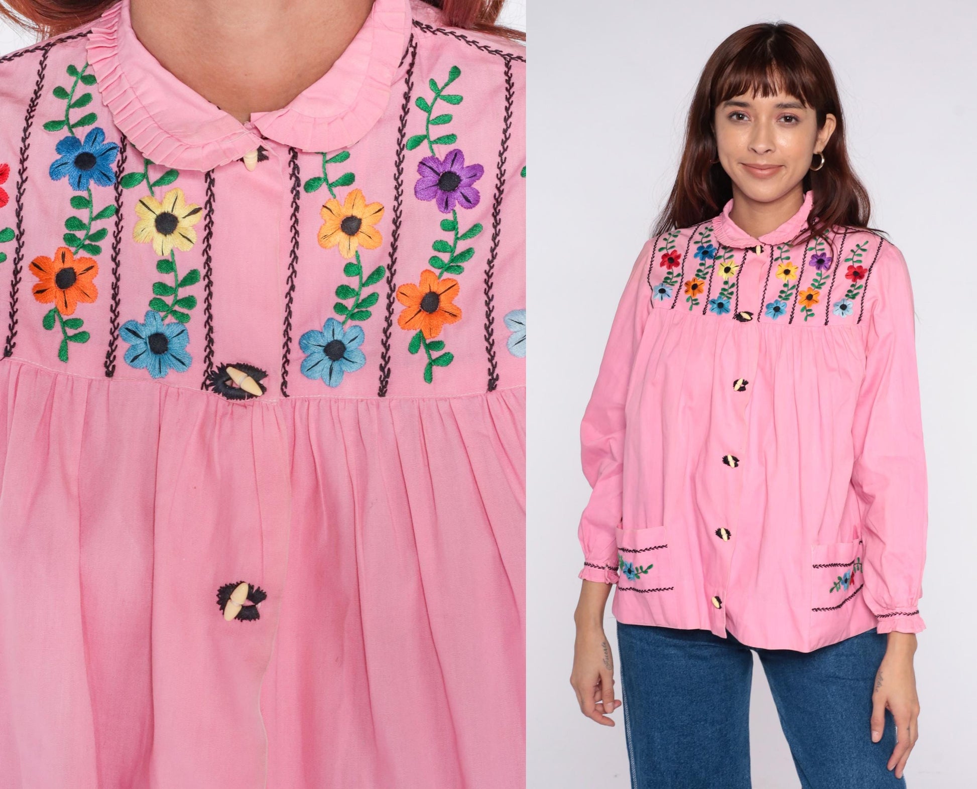 70s Mexican Embroidered Pink Floral Blouse Peter Pan Collar Cotton XS