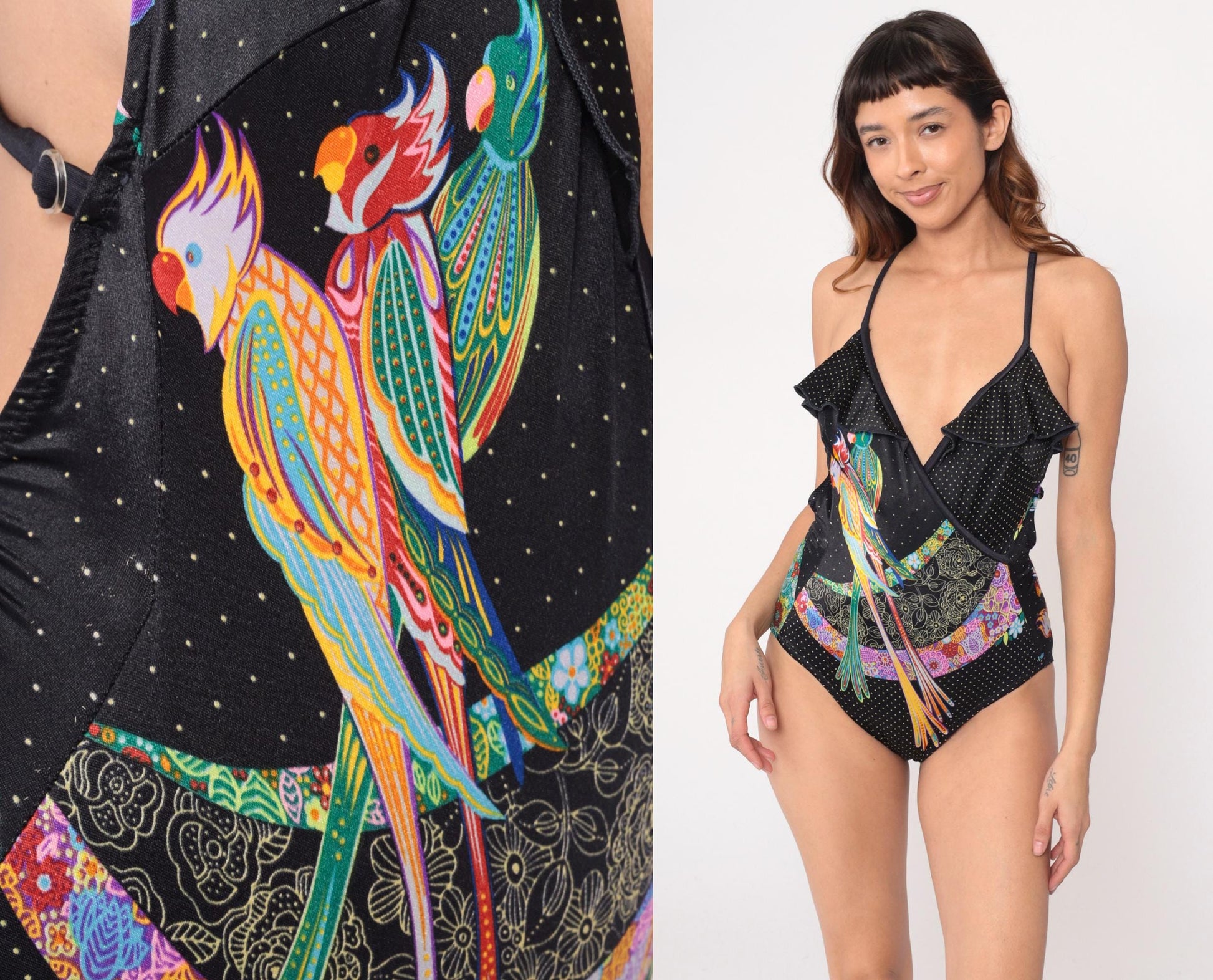 90s Gaviota Parrot Tropical One-Piece Swimsuit Black Polka Dot Medium