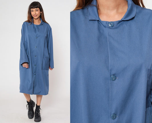 80s Ambassador Uniform Periwinkle Lab Coat Button Front Collar Large