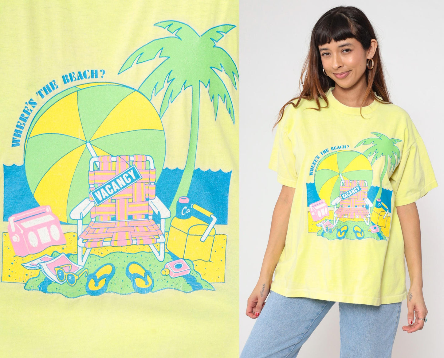 90s Fruit of the Loom Yellow Beach Graphic T-Shirt Where's The Beach Extra Large XL