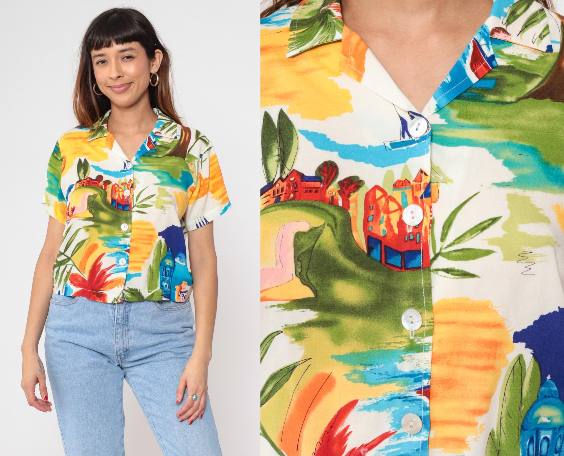 90s Tropical Print Button-Up Shirt Palm Trees Sailboats Medium