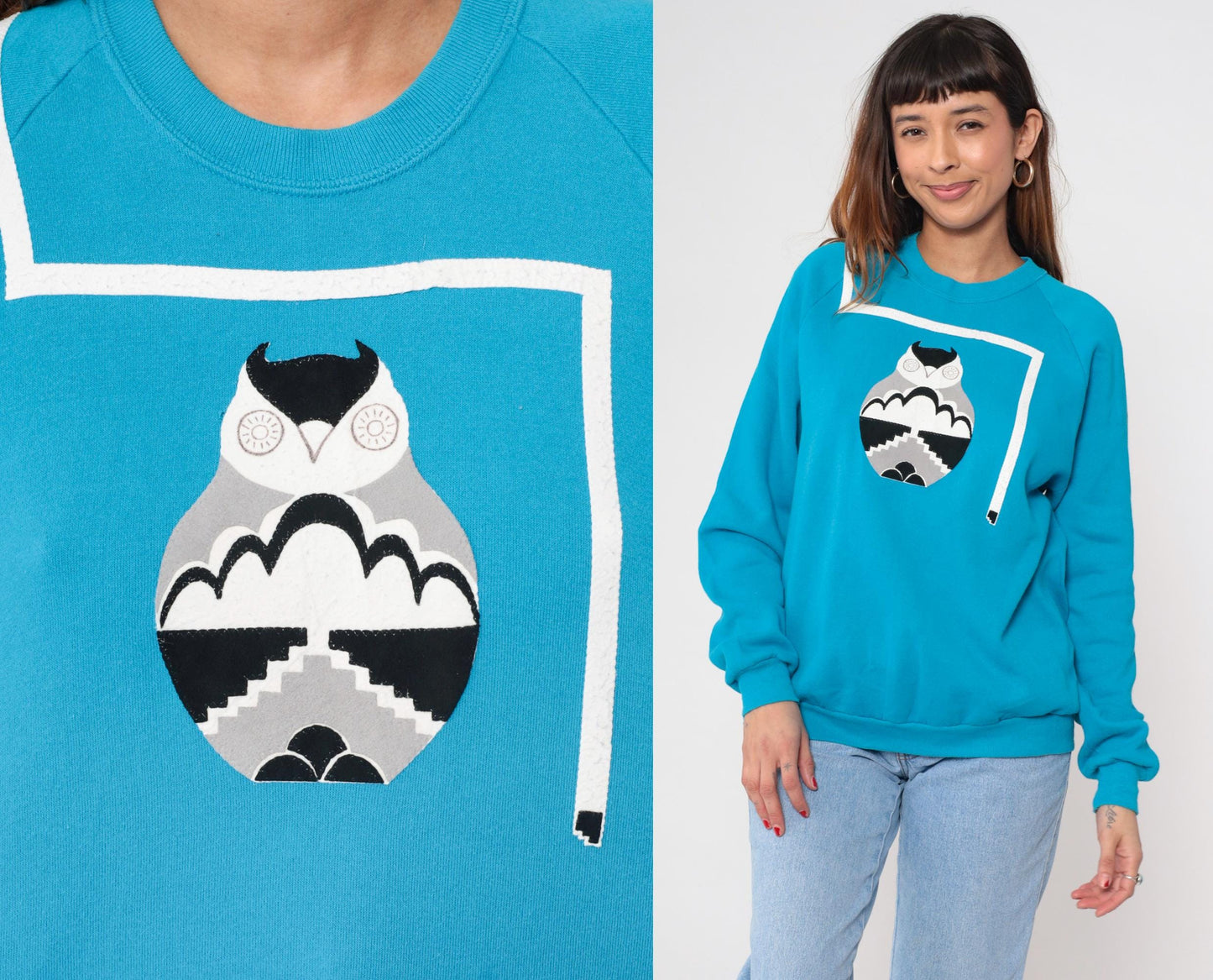 90s Jerzees Owl Graphic Sweatshirt Turquoise Raglan Extra Large XL