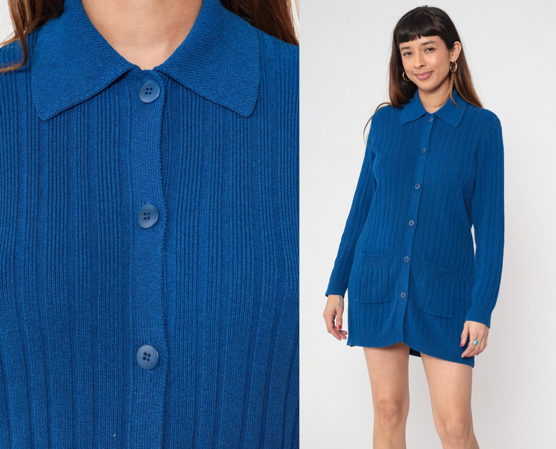 80s Andrea Jovine Blue Ribbed Cardigan Pointed Collar Pockets Large L