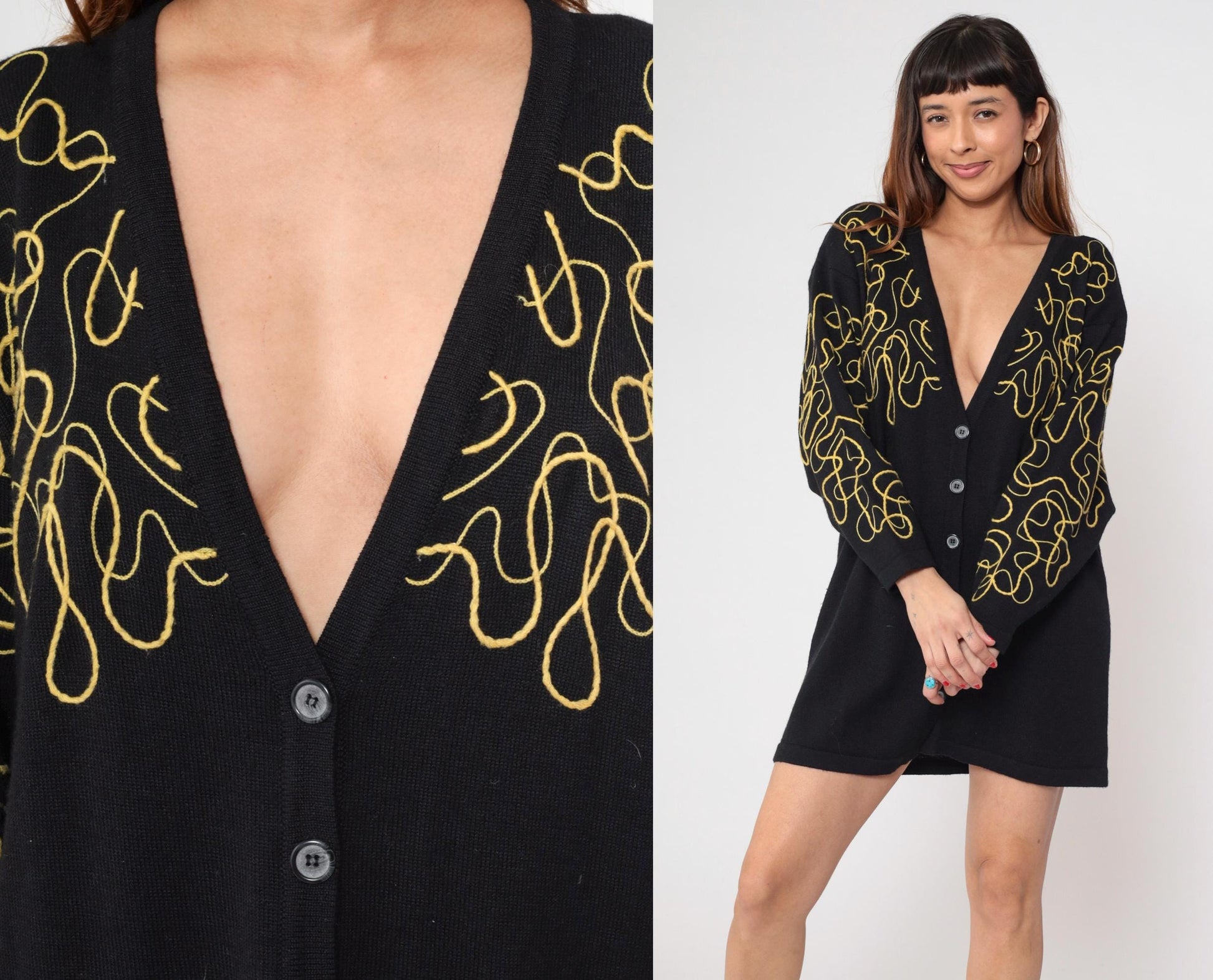 90s Mondi Black Cardigan Gold Embroidered Abstract Wool Blend Longline Medium
