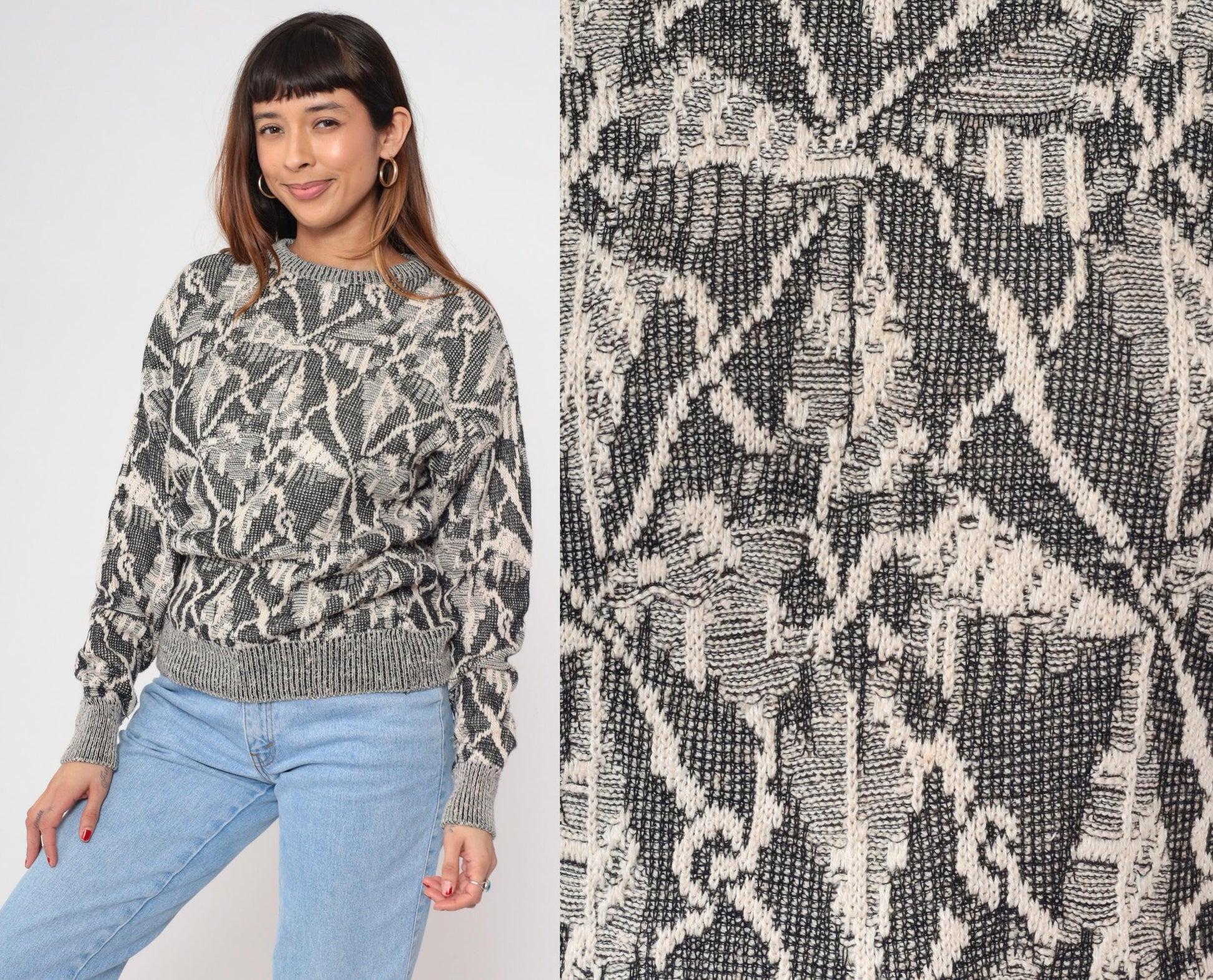 80s Collezione Zenio Abstract Geometric Knit Sweater Grey Cream Small