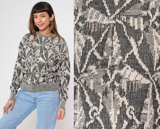 80s Collezione Zenio Abstract Geometric Knit Sweater Grey Cream Small