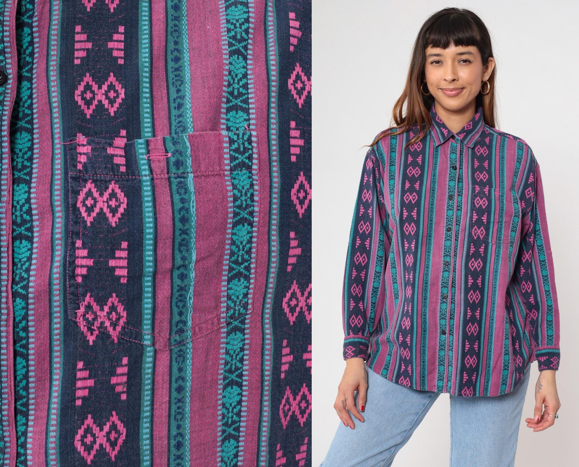 90s Southwestern Tribal Geometric Button-Up Shirt Purple Magenta Teal Large L