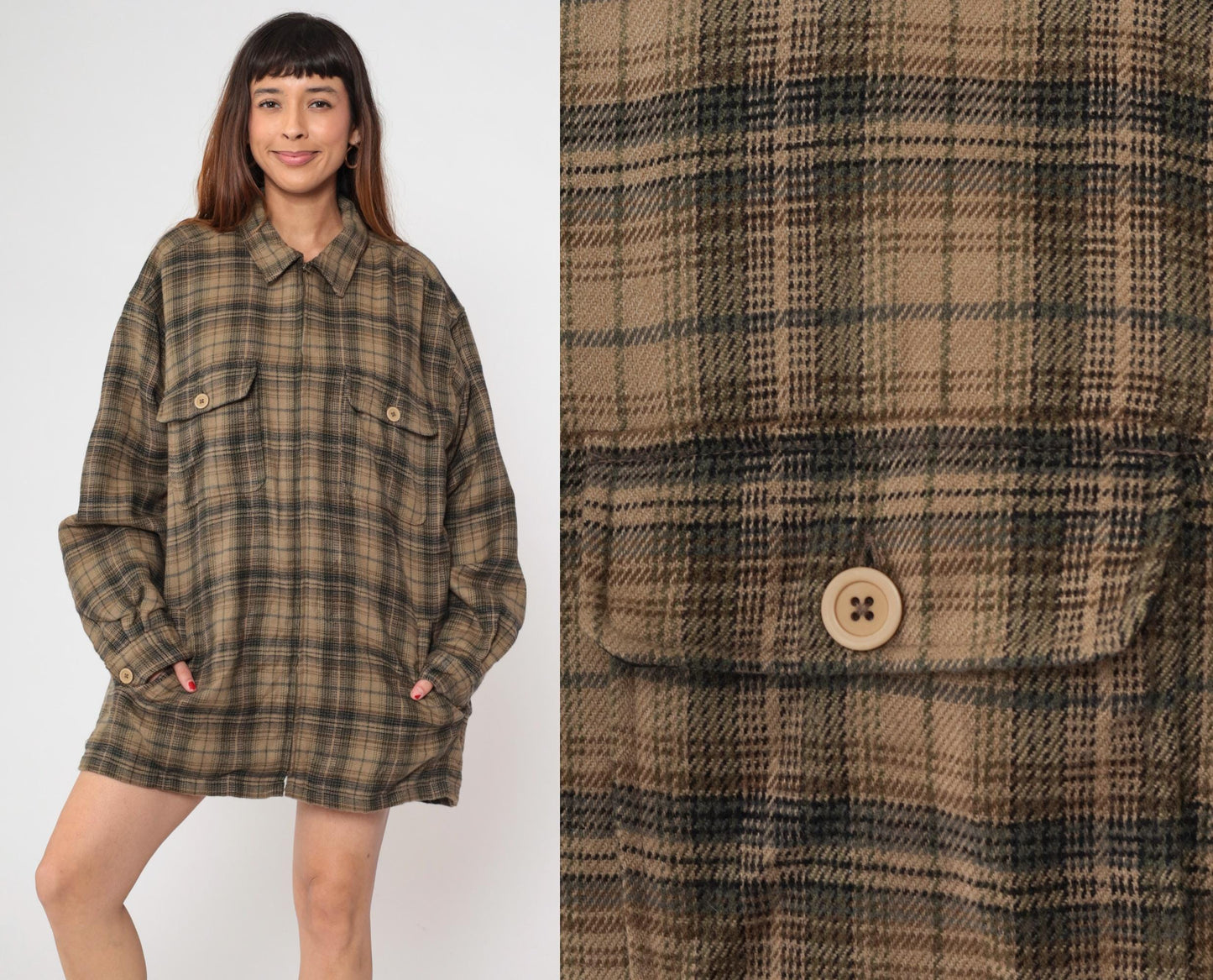 Y2K Shaver Lake Plaid Shirt Jacket Brown Green Checked Collared Large L