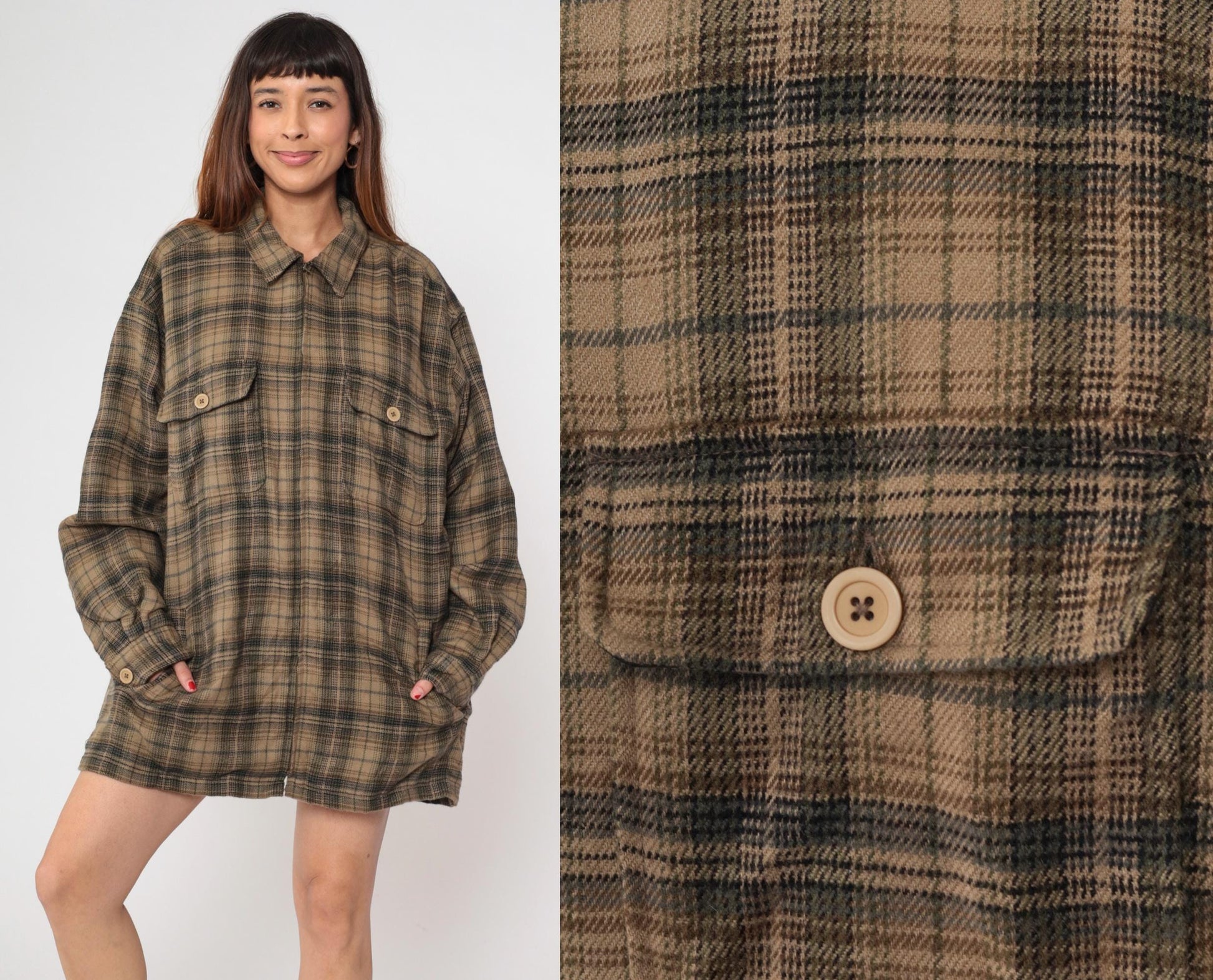 Y2K Shaver Lake Plaid Shirt Jacket Brown Green Checked Collared Large L