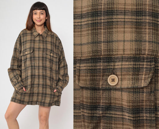 Y2K Shaver Lake Plaid Shirt Jacket Brown Green Checked Collared Large L