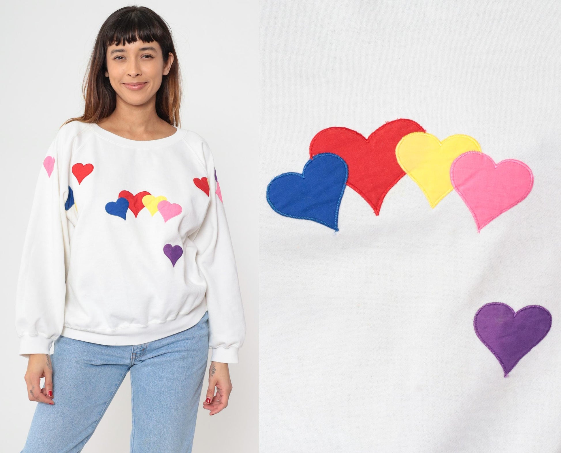 90s Partners II Heart Sweatshirt White Multicolour Appliqué Crewneck Extra Large XXL