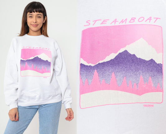 90s Steamboat Mountain Hanes Sweatshirt White Raglan Graphic XL