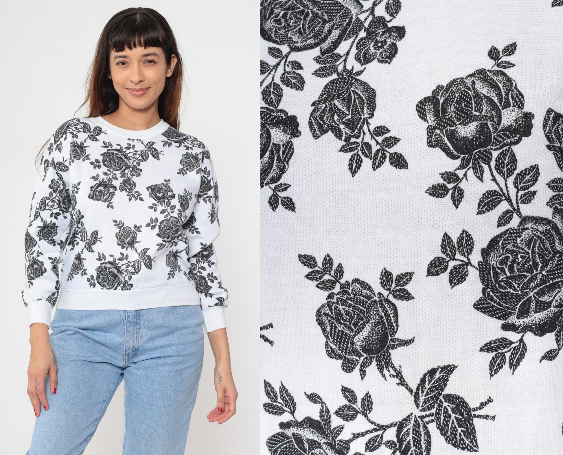 90s Black Rose Floral White Cropped Sweatshirt Crew Neck Small S