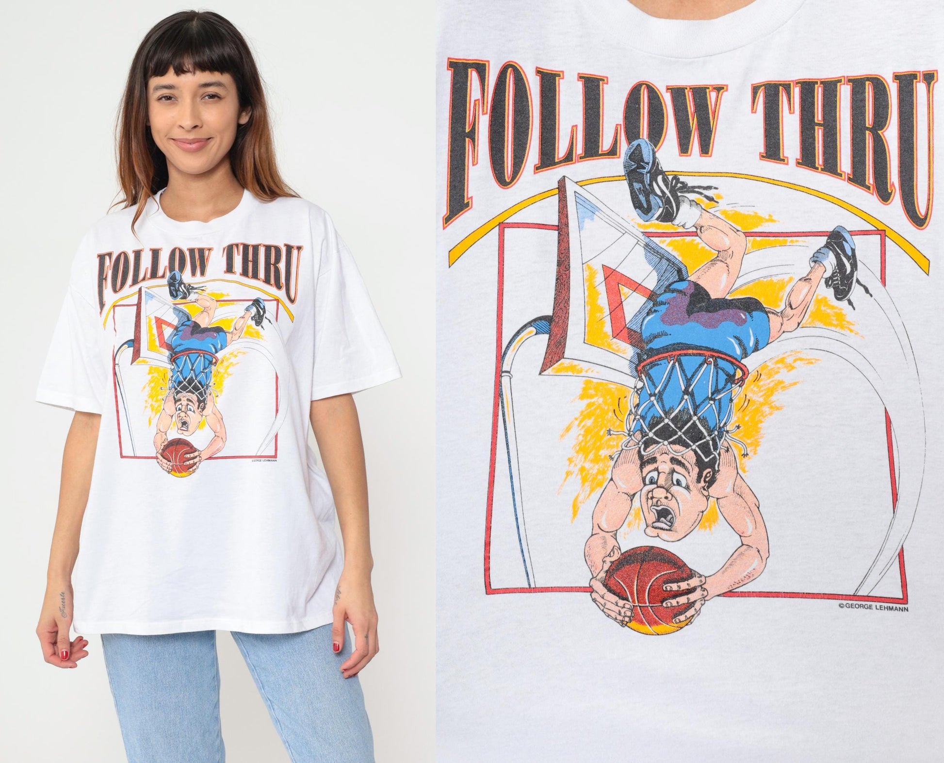 90s Jerzees Follow Thru Basketball Graphic Tee White Cartoon Dunk Extra Large XL