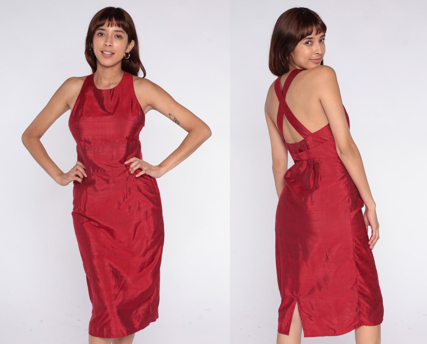 90s Crimson Halter Dress Cross-Back Knee Length Sleeveless Small