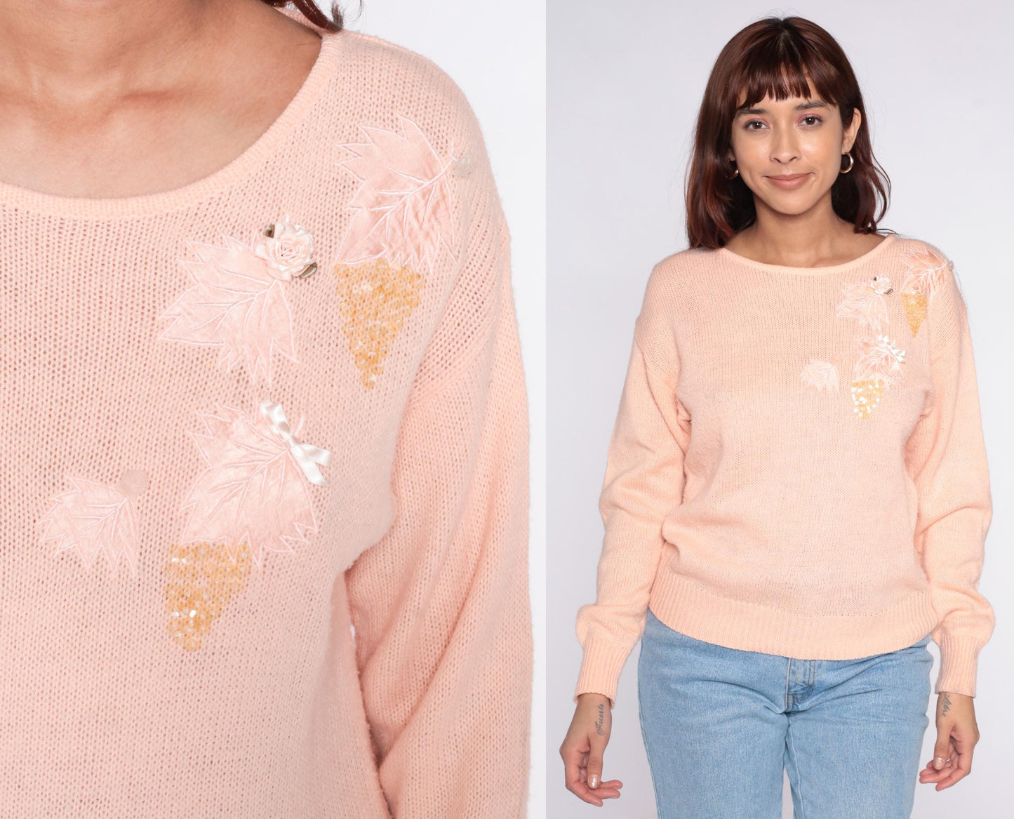 80s Peach Sequin Floral Sweater Sheridan Square Knit Pullover Small S