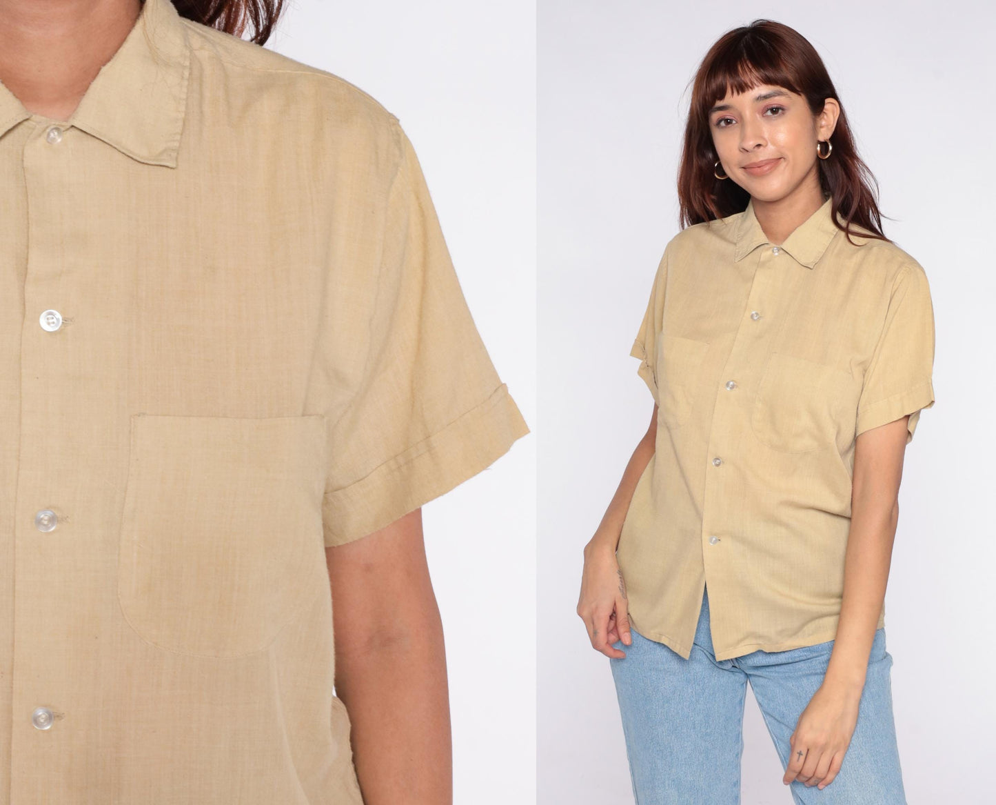 80s Beige Button-Up Shirt Pointed Collar Short Sleeve Cotton Blend Large