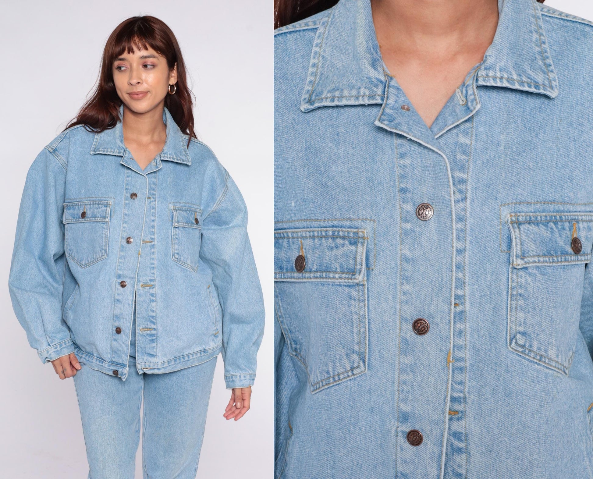 90s Light Wash Denim Jacket Button Front Cotton Jean Coat Large L