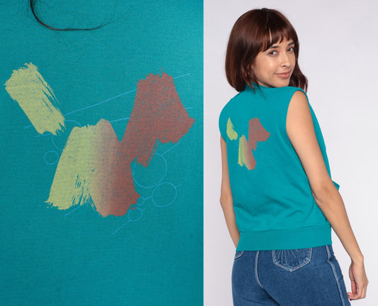 90s Teal Vest Abstract Painted Snap Front Sleeveless Stand Collar Medium
