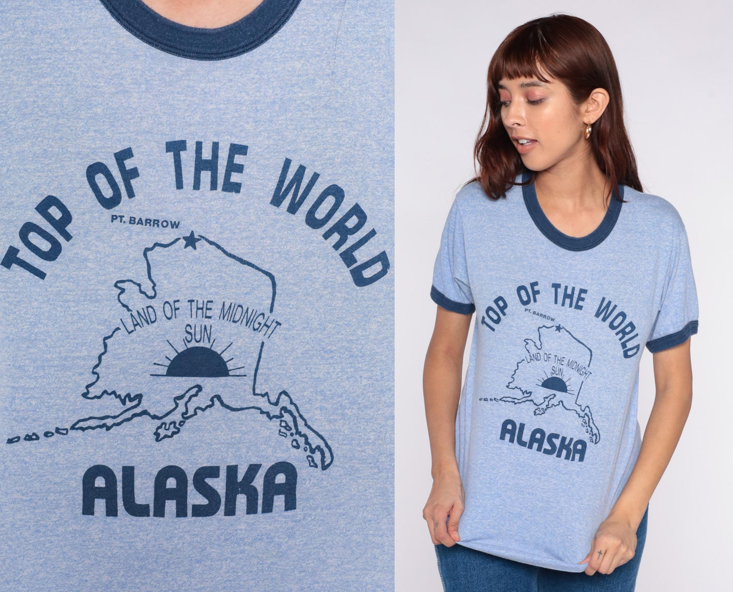 80s Alaska Tourist Ringer Tee Light Blue Navy Trim Graphic Medium