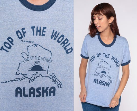 80s Alaska Tourist Ringer Tee Light Blue Navy Trim Graphic Medium