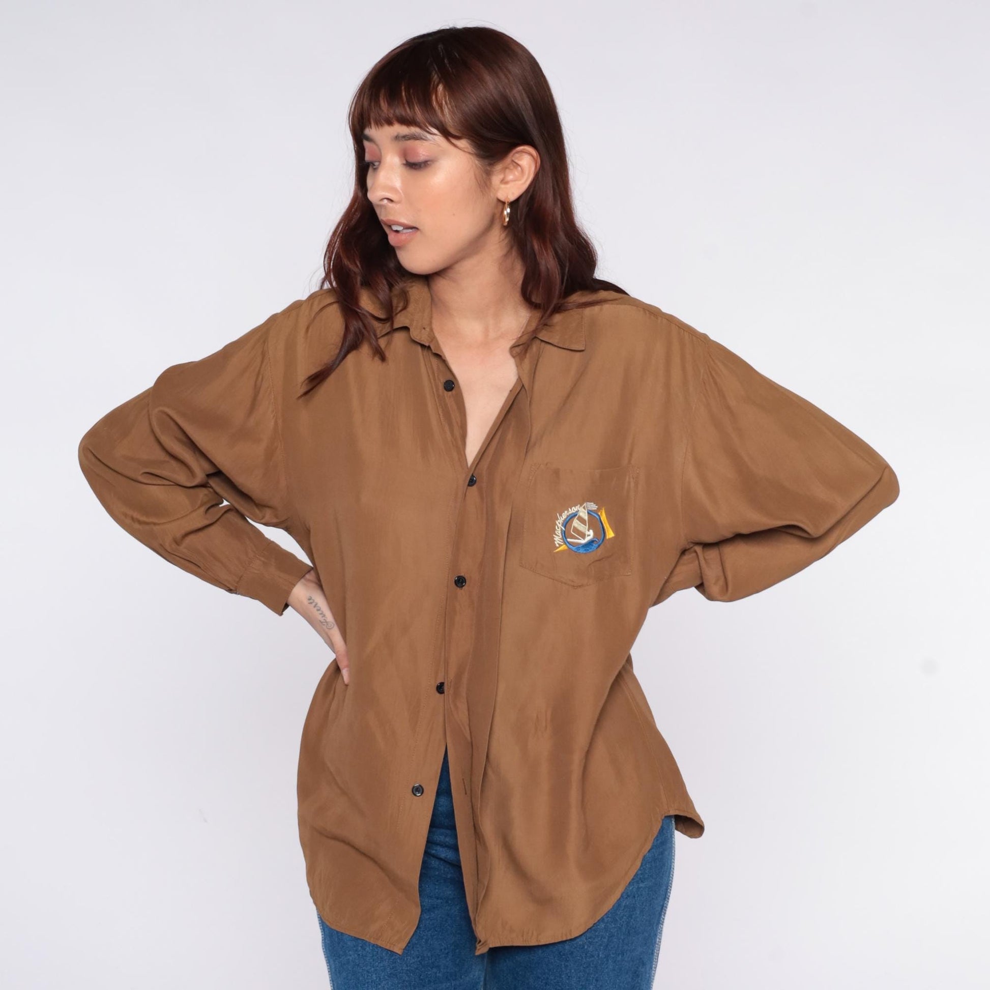 90s Brown Sailboat Embroidered Shirt Collared Long Sleeve Blouse Large L