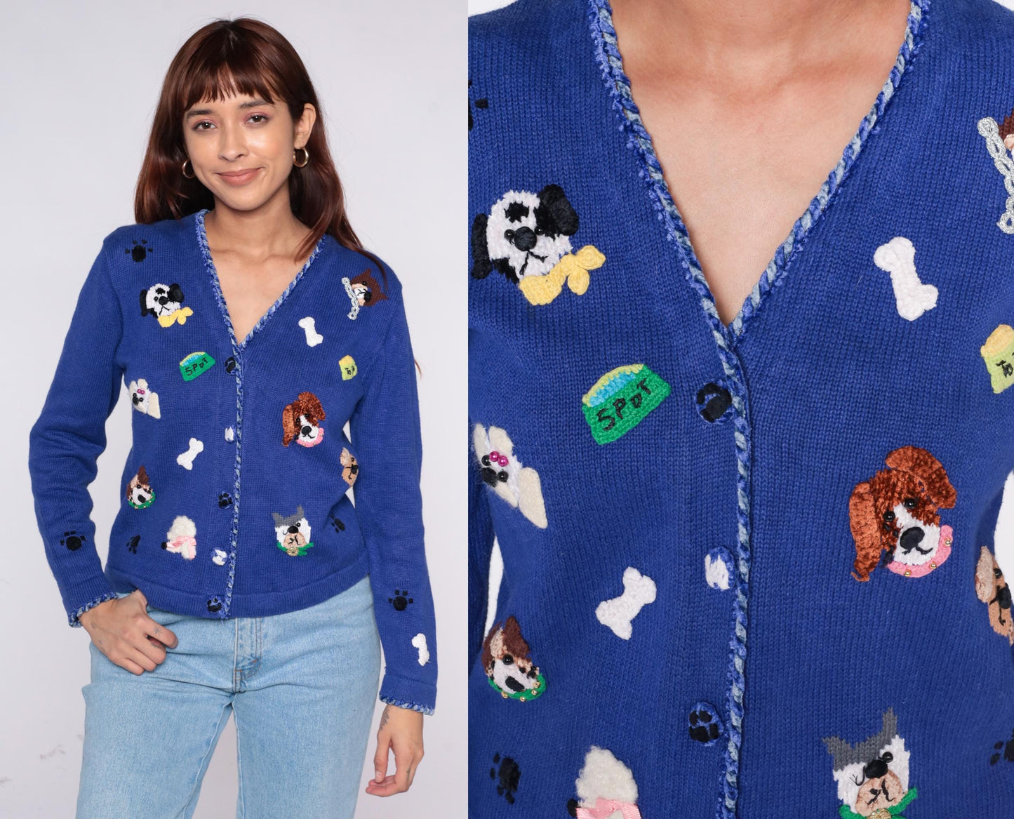 90s Jack B. Quick Dog Cardigan Blue Embroidered Puppy Paw Print Small