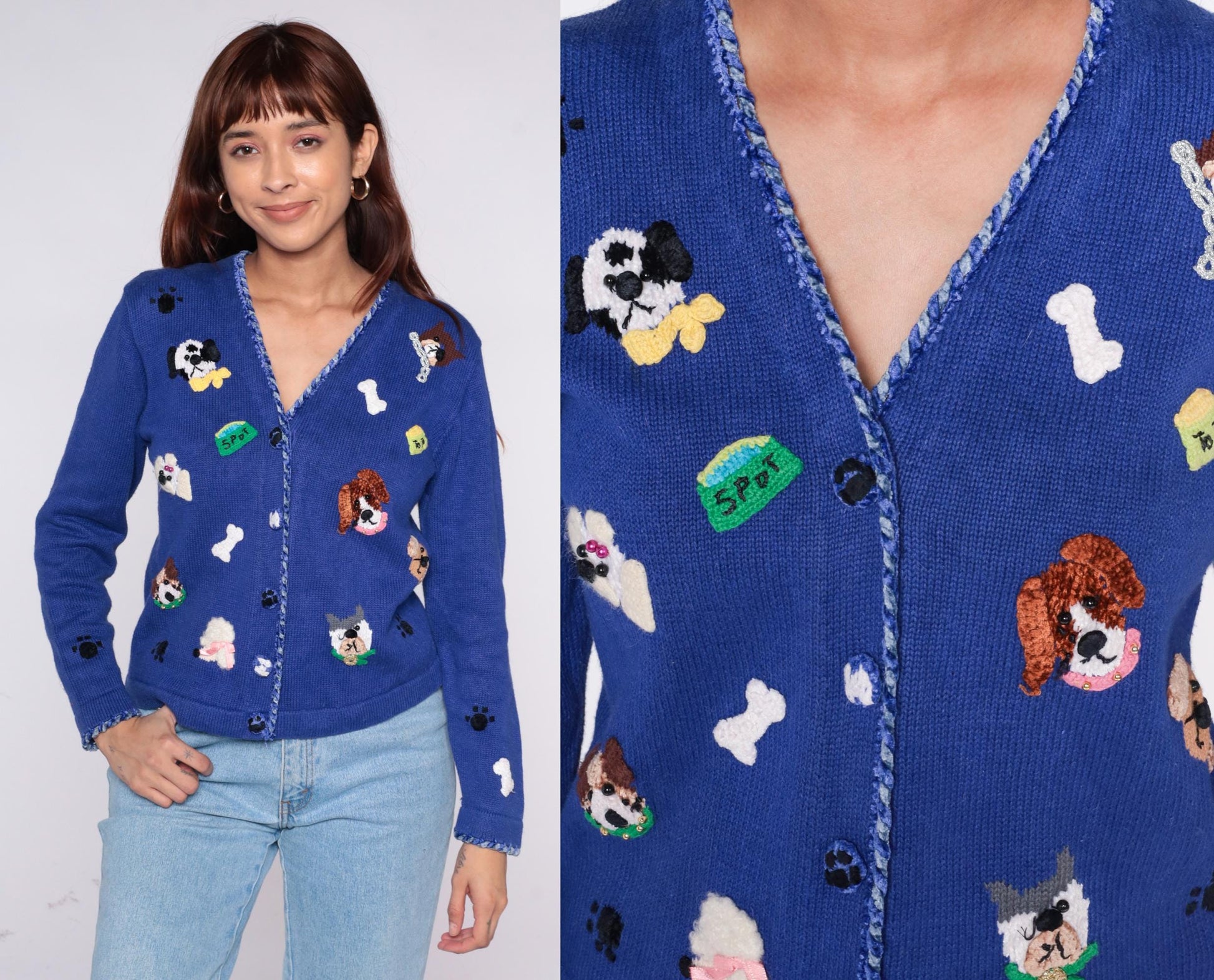 90s Jack B. Quick Dog Cardigan Blue Embroidered Puppy Paw Print Small