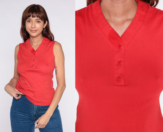 70s Catalina Sportswear Red Polo Tank V-Neck Collared Button Front Small