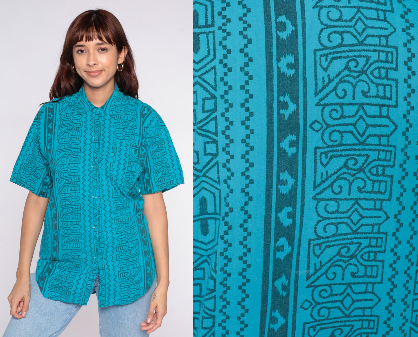 90s Turquoise Geometric Tribal Button-Up Shirt Short Sleeve Medium