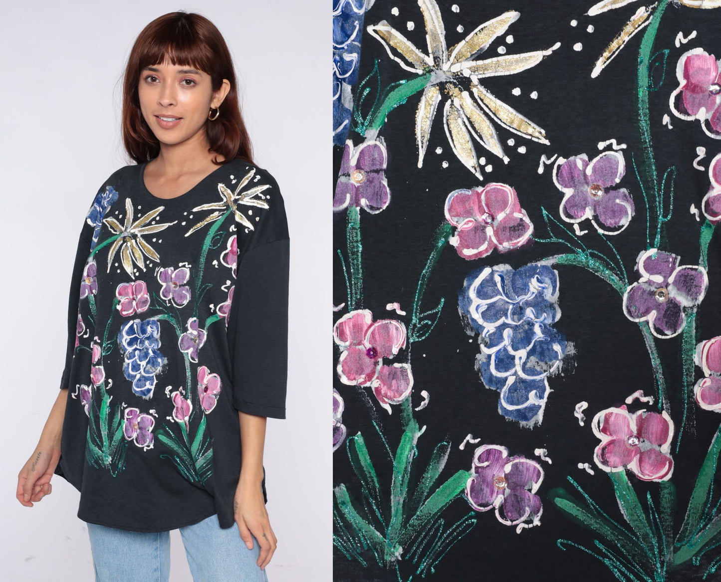 90s Baldot Hand-Painted Floral Black Cotton Tunic Medium M