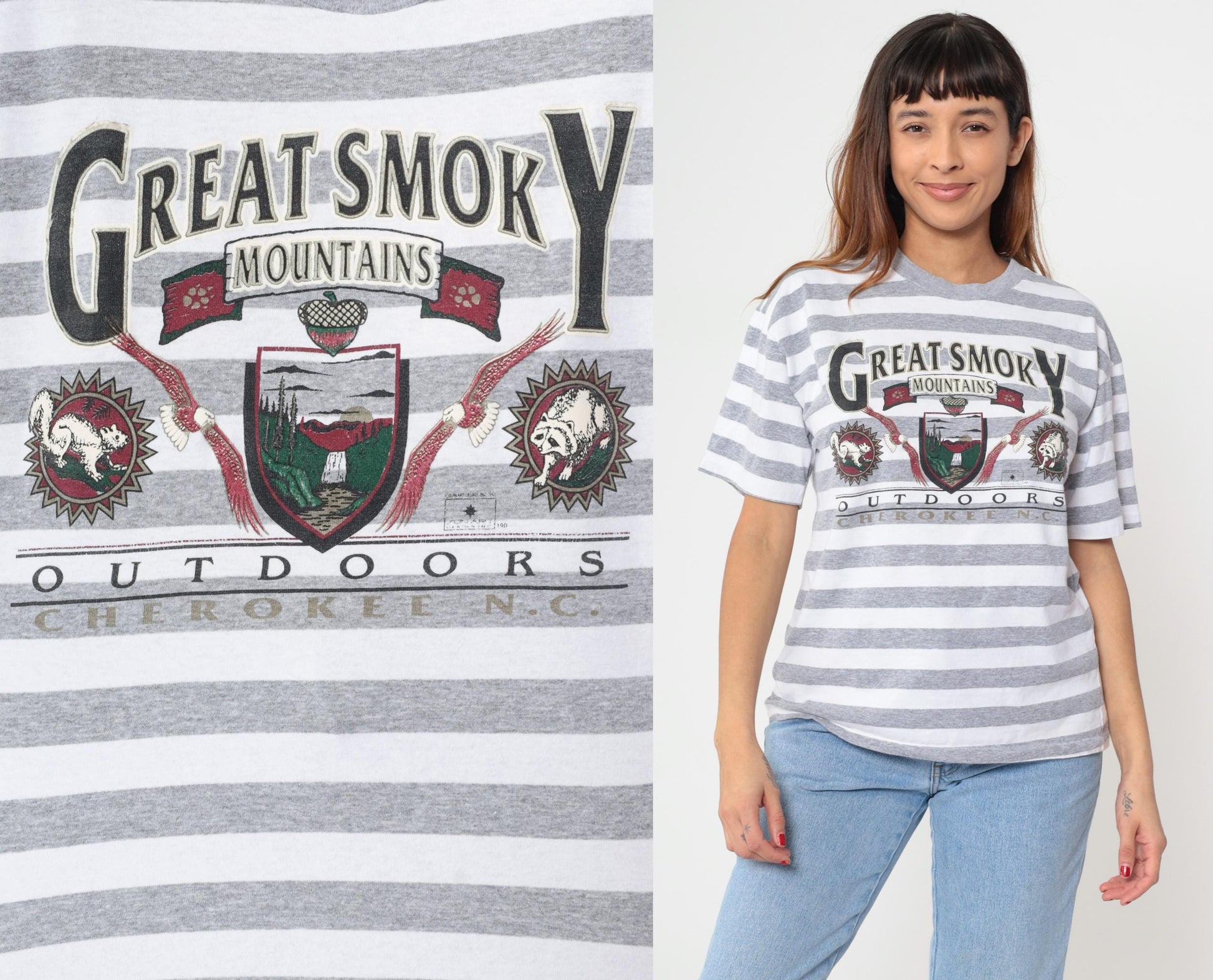 90s Great Smoky Mountains Striped Graphic Tee Grey White Large L