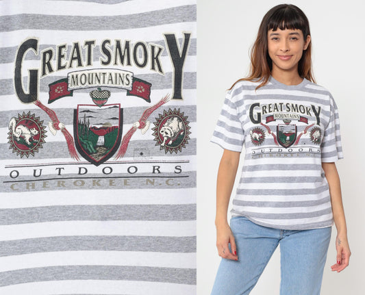90s Great Smoky Mountains Striped Graphic Tee Grey White Large L