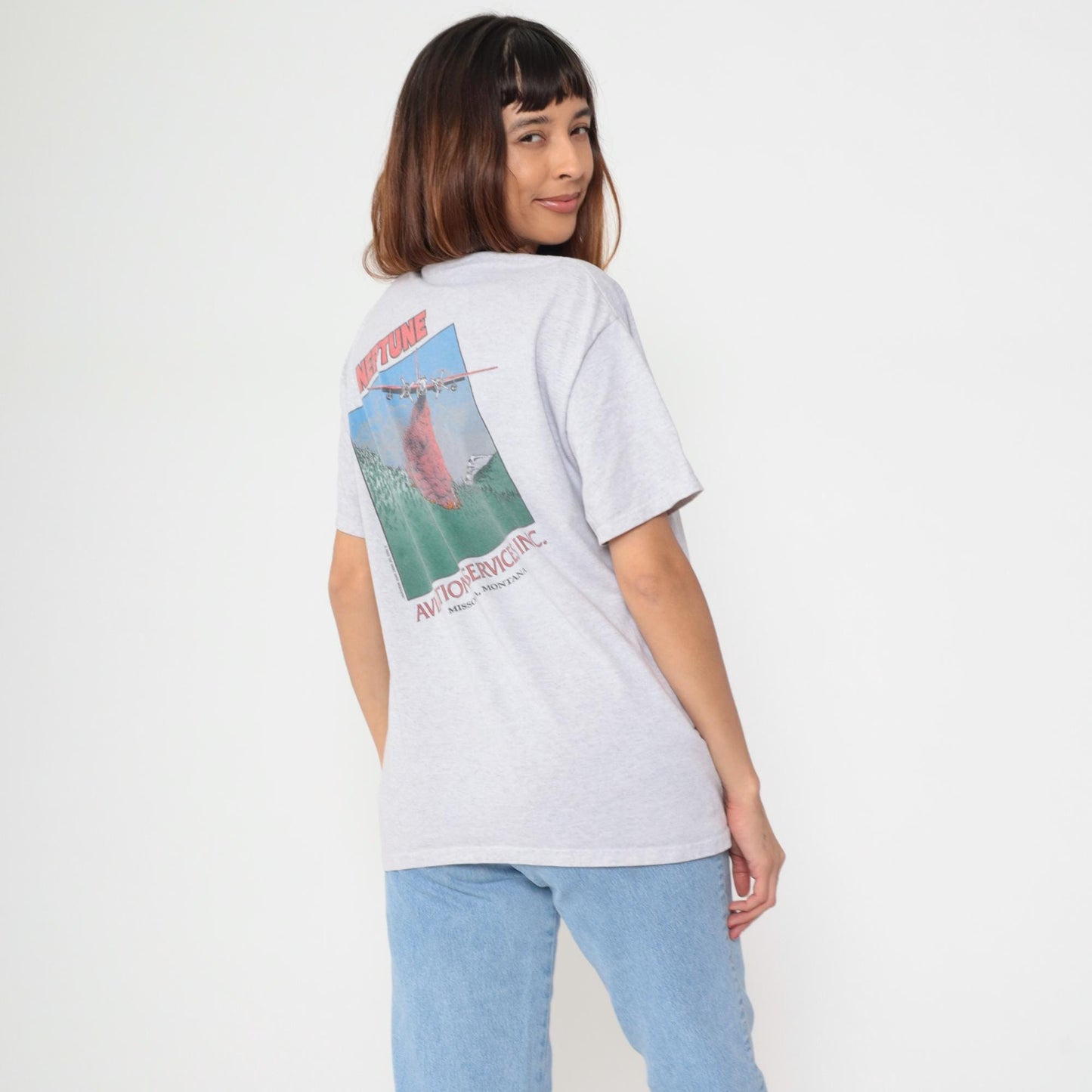 Y2K Neptune Aviation Services Missoula Montana Graphic Tee Grey Large L