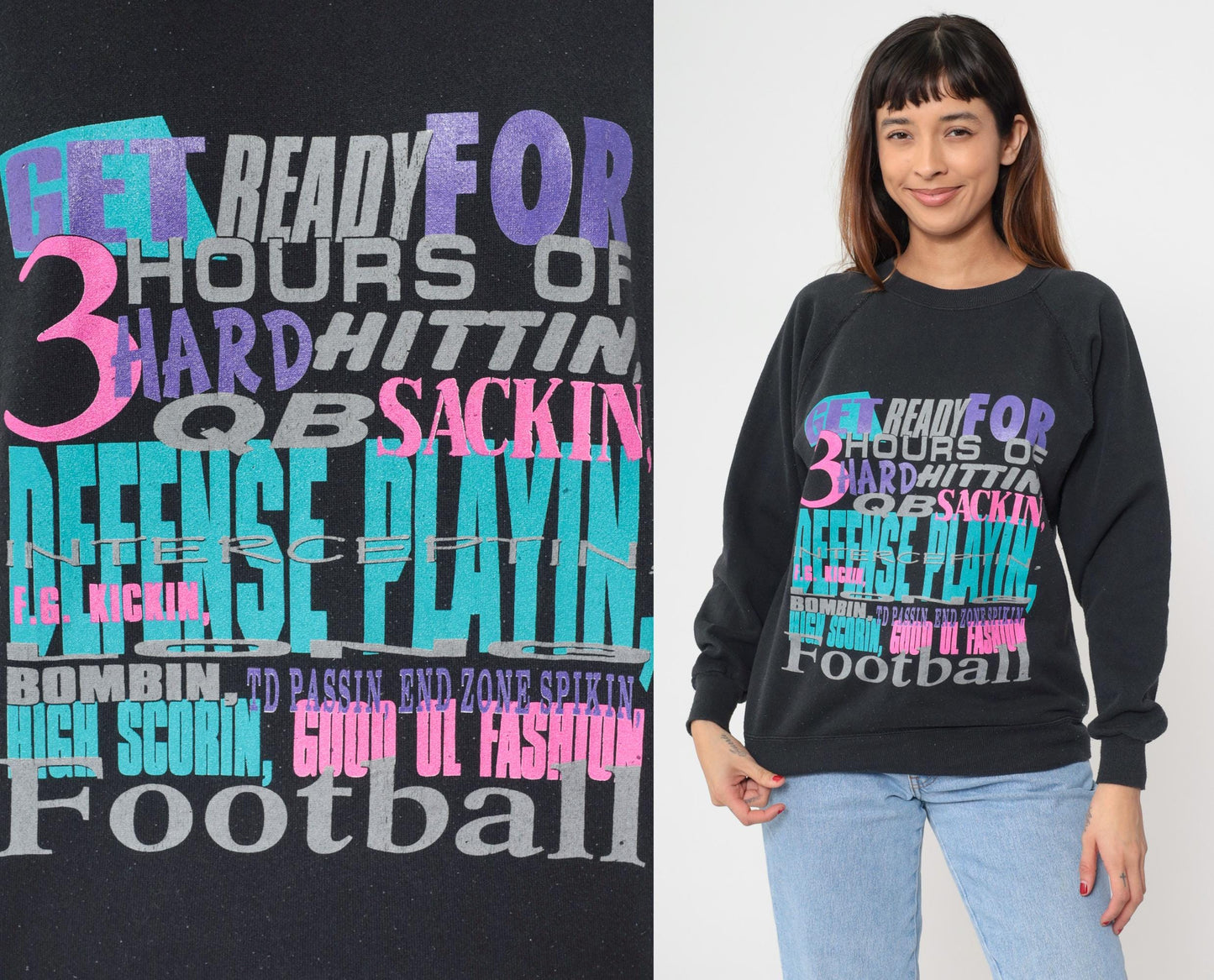90s Hanes Football Sweatshirt Black Raglan Graphic Crew Neck Medium